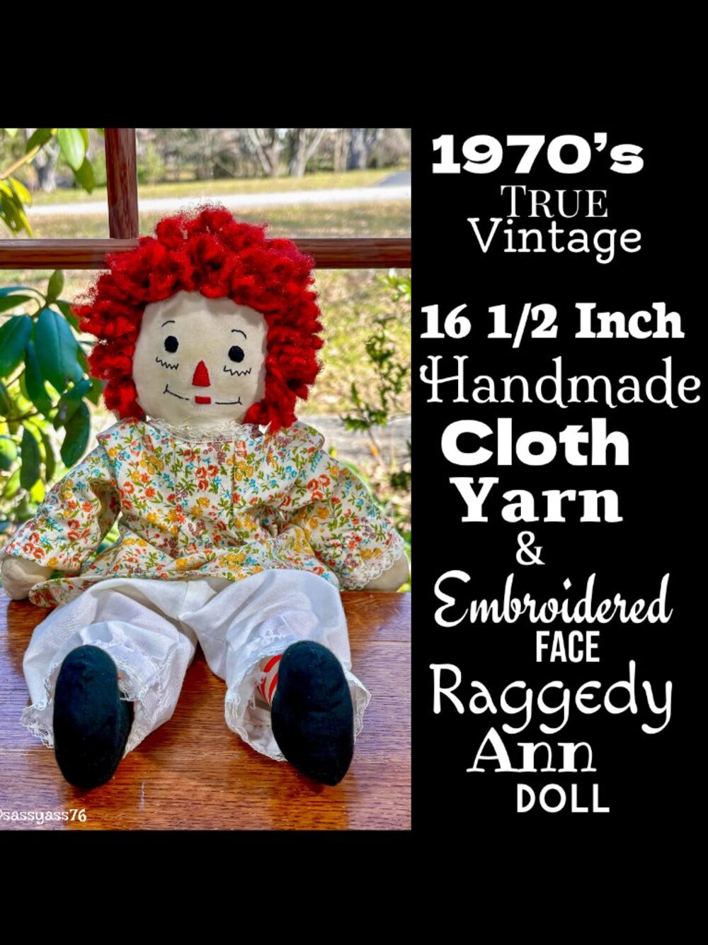 ▪️VTG▪️1970's 16.5" Handmade Cloth Yarn Embroidered Face RAGGEDY ANN Doll
